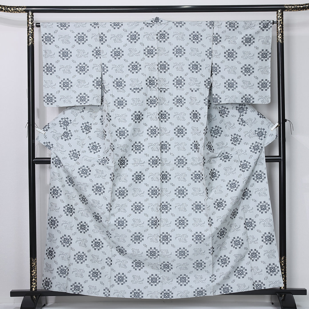 紬 単衣 身丈161cm 裄丈64cm 正絹 Bランク カジュアル 広衿 Lサイズ 雀 グレー系 HP 1223-12309