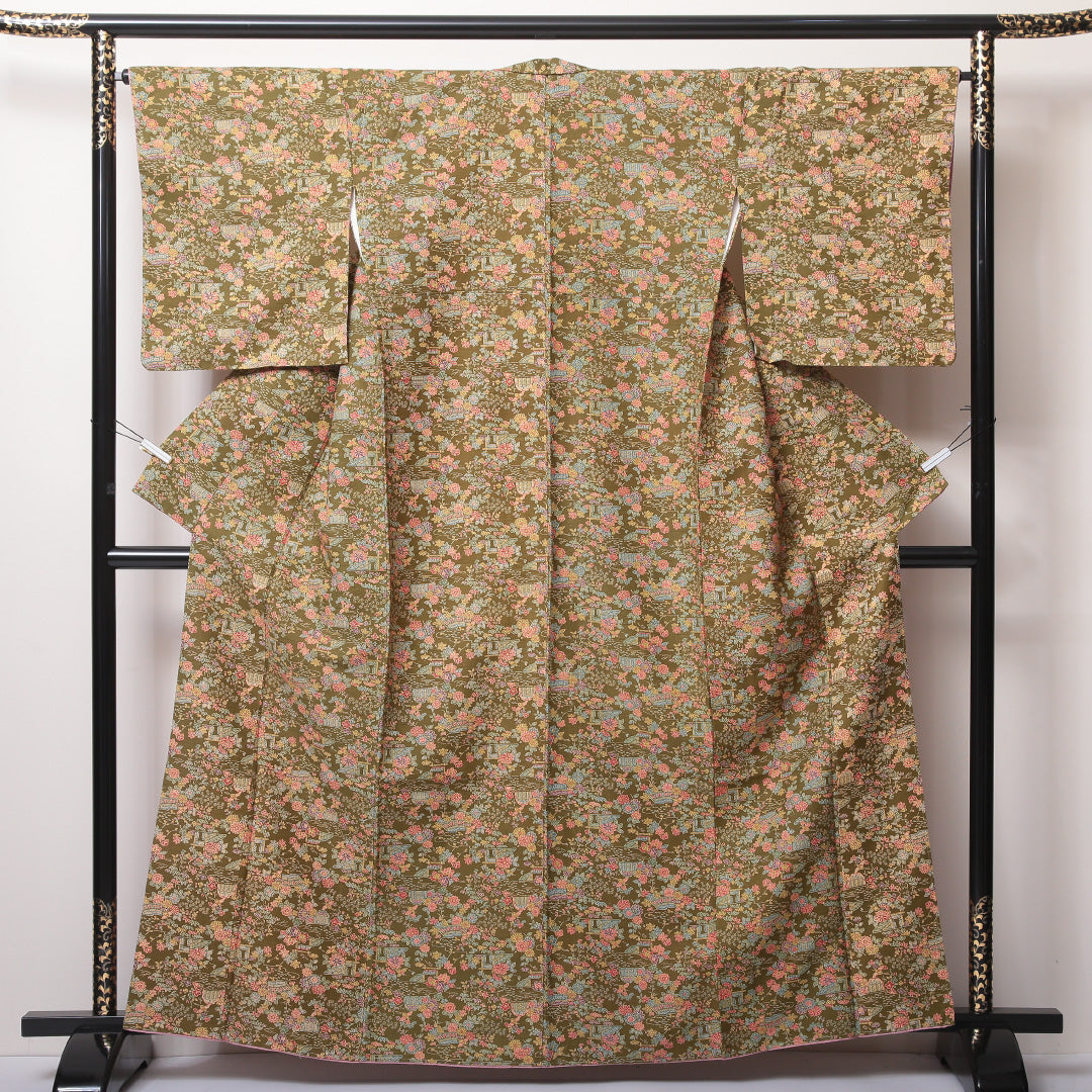 小紋(紬) 袷 身丈159cm 裄丈66cm 正絹 Sランク Mサイズ 広衿 インフォーマル 茶屋辻 緑系 1215-02226