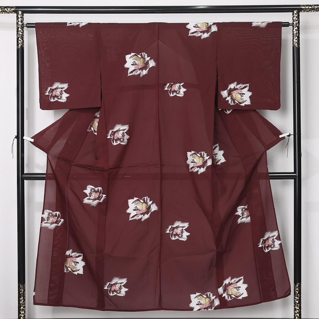 夏物 紬 絽 身丈148cm 裄丈62cm 正絹 Sランク カジュアル 広衿 XSサイズ 花柄 茶系 RP 1223-12463