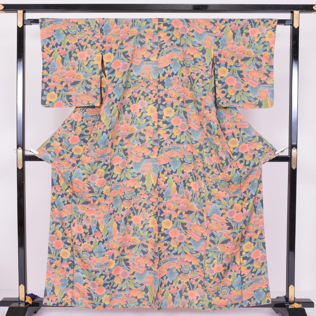 小紋 袷 身丈157cm 裄63cm 紺系 ボタニカル 楼閣 花柄 洗える着物 Sランク 1215-00080-2318