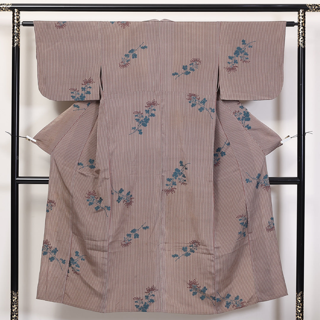 アンティーク 小紋 単衣 身丈146cm 裄61.5cm 正絹 菊 居敷当て 刺繍 縞 茶系 Cランク 1215-02305