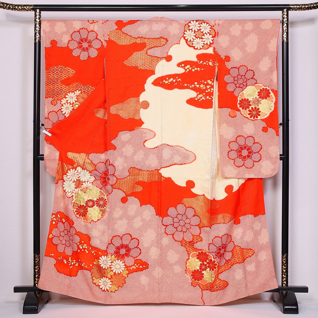 振袖 身丈162cm 裄丈66.5cm 袷 正絹 Sランク 広衿 金糸 菊 レトロ 1213-F0365