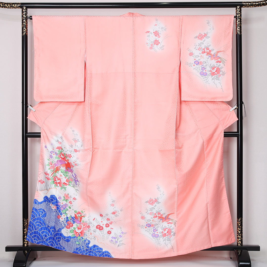 洗える着物 訪問着 袷 身丈161cm 裄丈65cm ポリエステル Sランク セミフォーマル 広衿 Lサイズ 尾長鳥 青海波 牡丹 杜若 ピンク系 RP 1217-12501