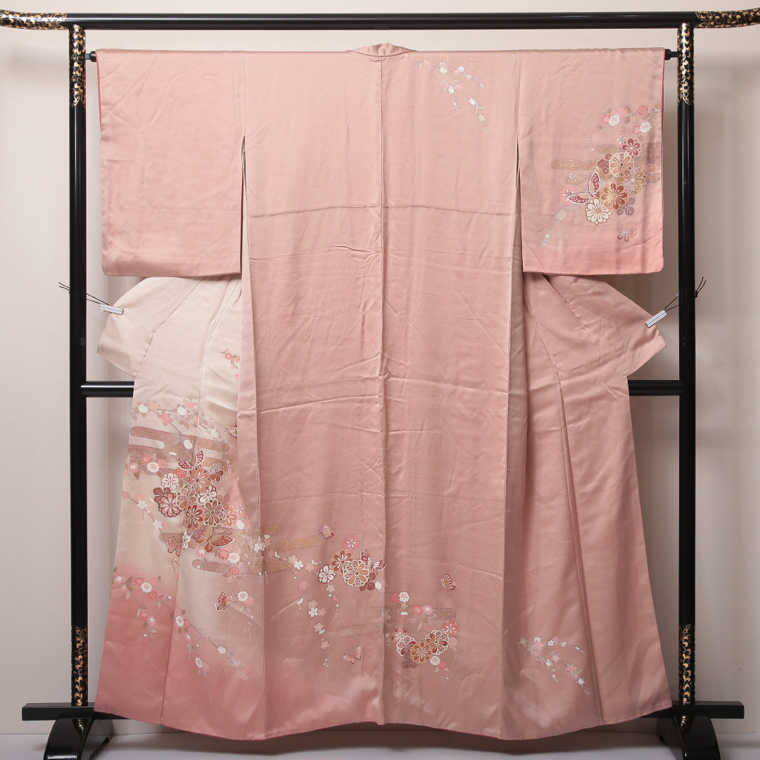 訪問着 袷 身丈155~159cm 裄65cm 正絹 花や蝶 金彩 エ霞 ピンク系 Aランク 1212-00598