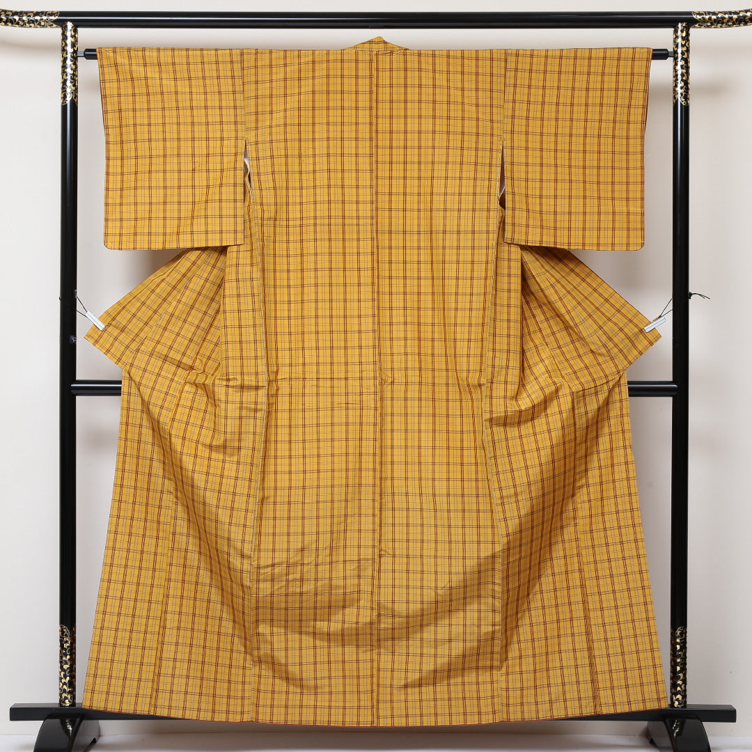 紬 袷 身丈161cm 裄丈63cm 正絹 黄八丈風 Bランク Lサイズ 広衿 カジュアル 格子 黄系 1216-03017
