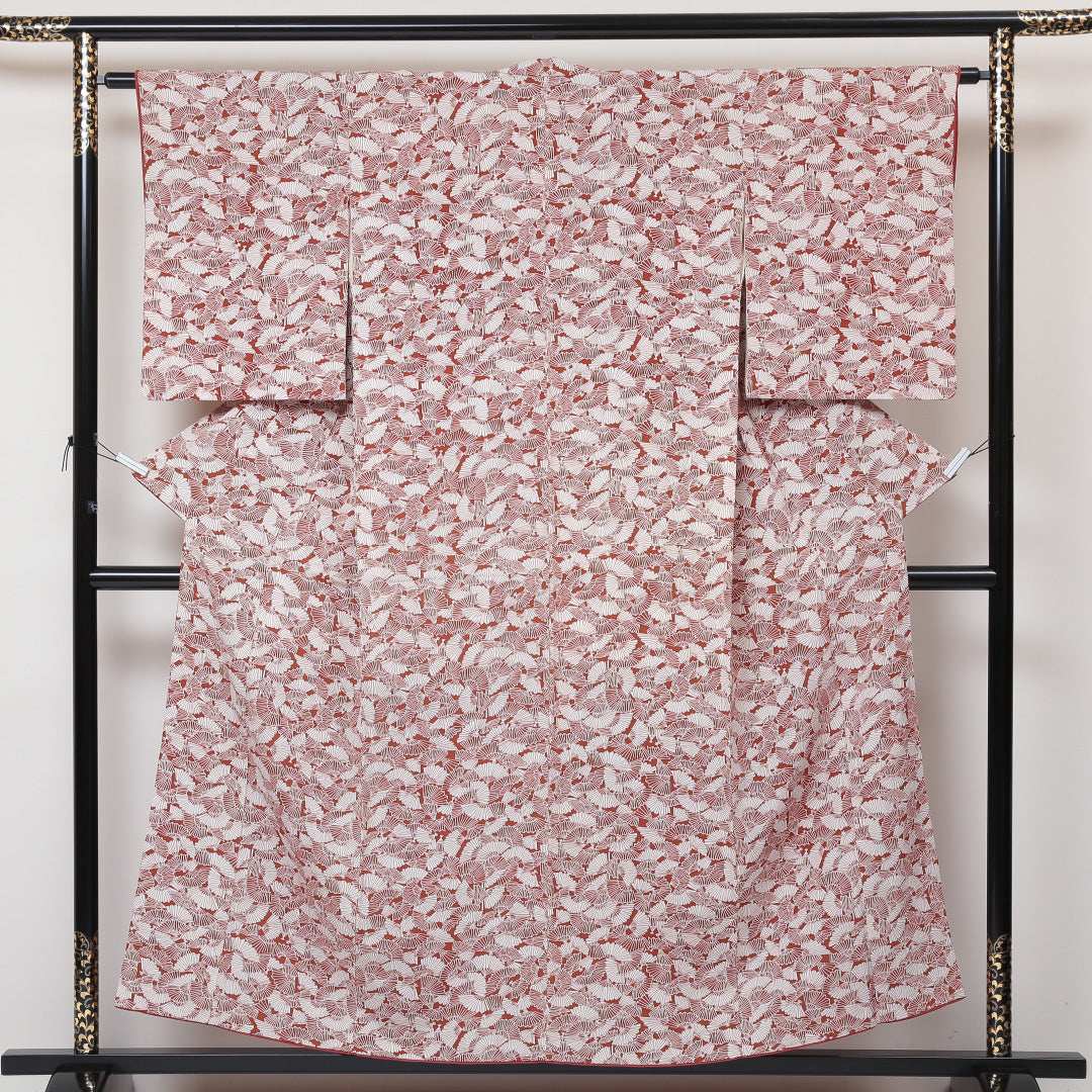 小紋 袷 身丈154cm 裄丈62cm 正絹 Aランク インフォーマル 広衿 Sサイズ 扇 茶系 RP 1221-01440