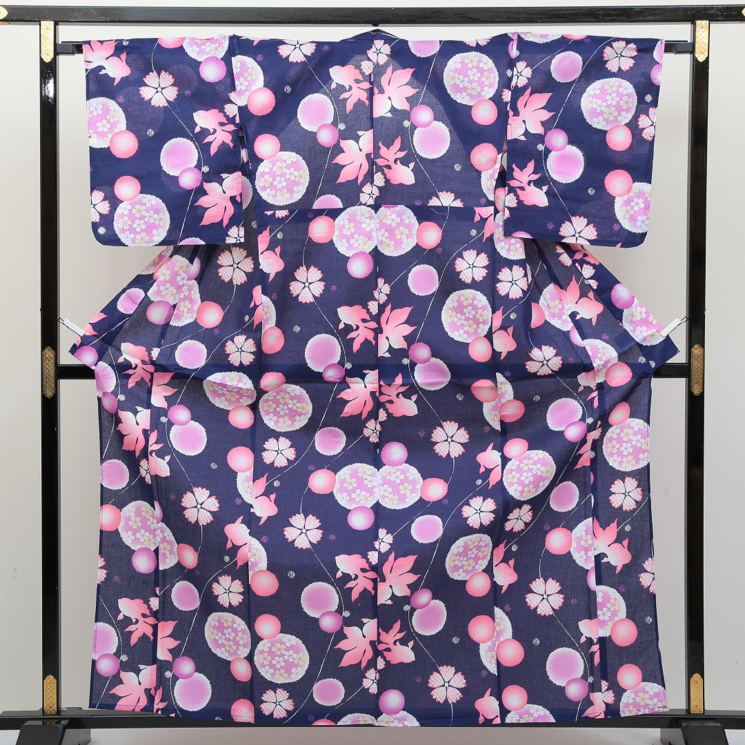 新品 浴衣 身丈163cm 裄丈67cm 木綿 洗える着物 金魚 Nランク 1218-00026