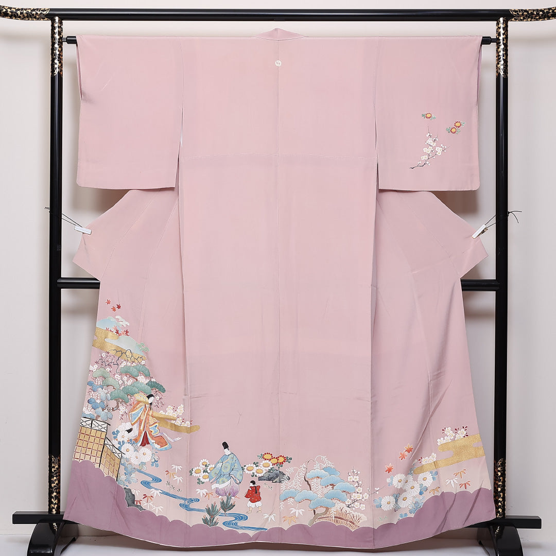 訪問着 袷 身丈162cm 裄63cm 正絹 一つ紋 平安絵巻 松 梅 右二つ巴 Bランク 1212-00694