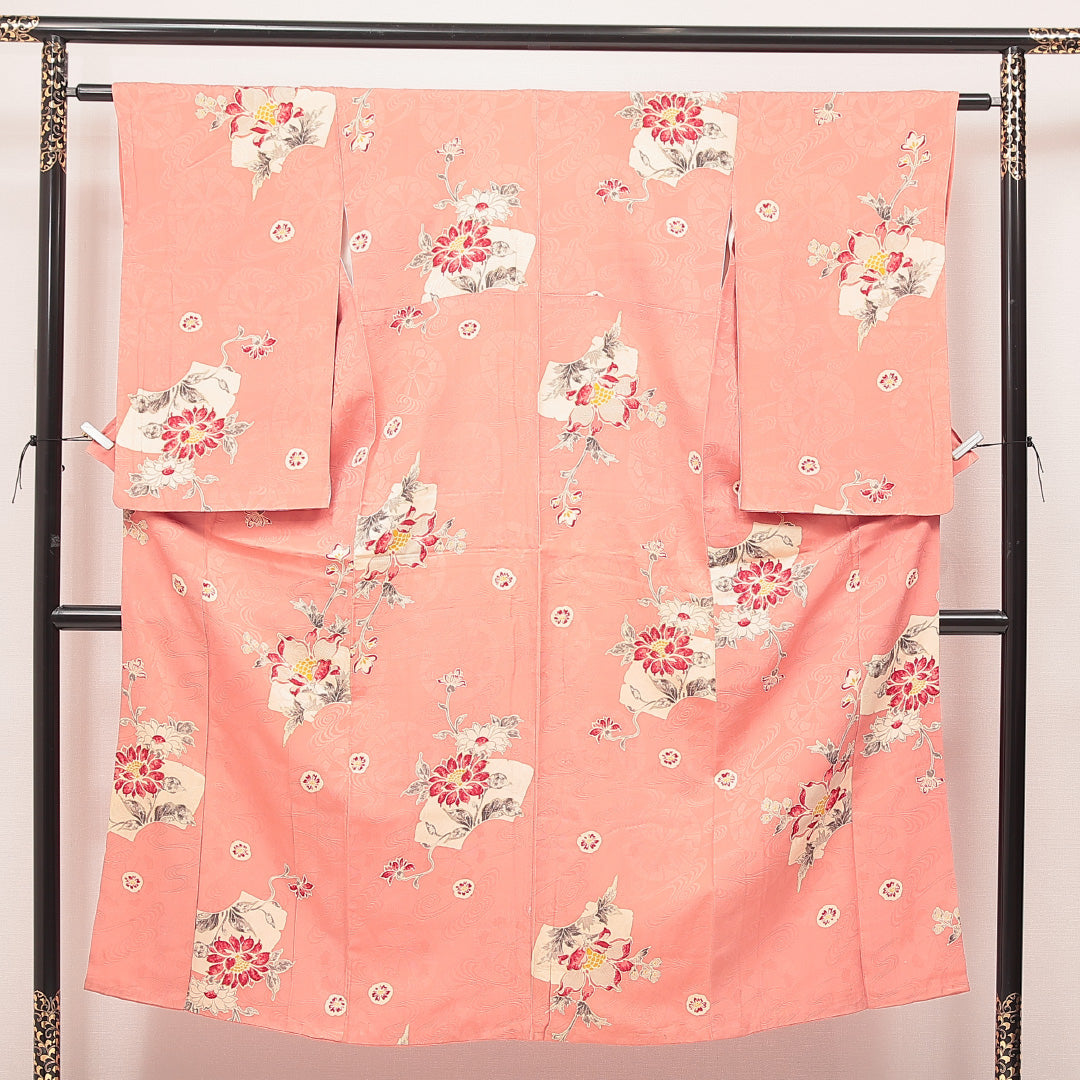 小紋 ピンク系 正絹 袷 花柄 1221-17021 背面全体