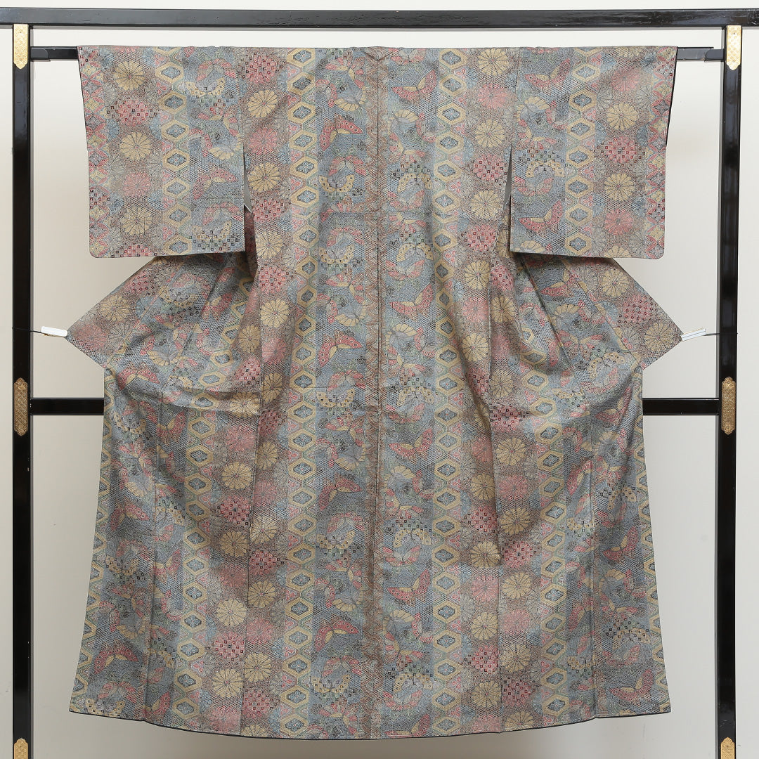 小紋 袷 身丈147cm 裄丈62cm 正絹 Sランク インフォーマル 広衿 XSサイズ 花鳥文 吉祥文様 青系 RP 1221-00967