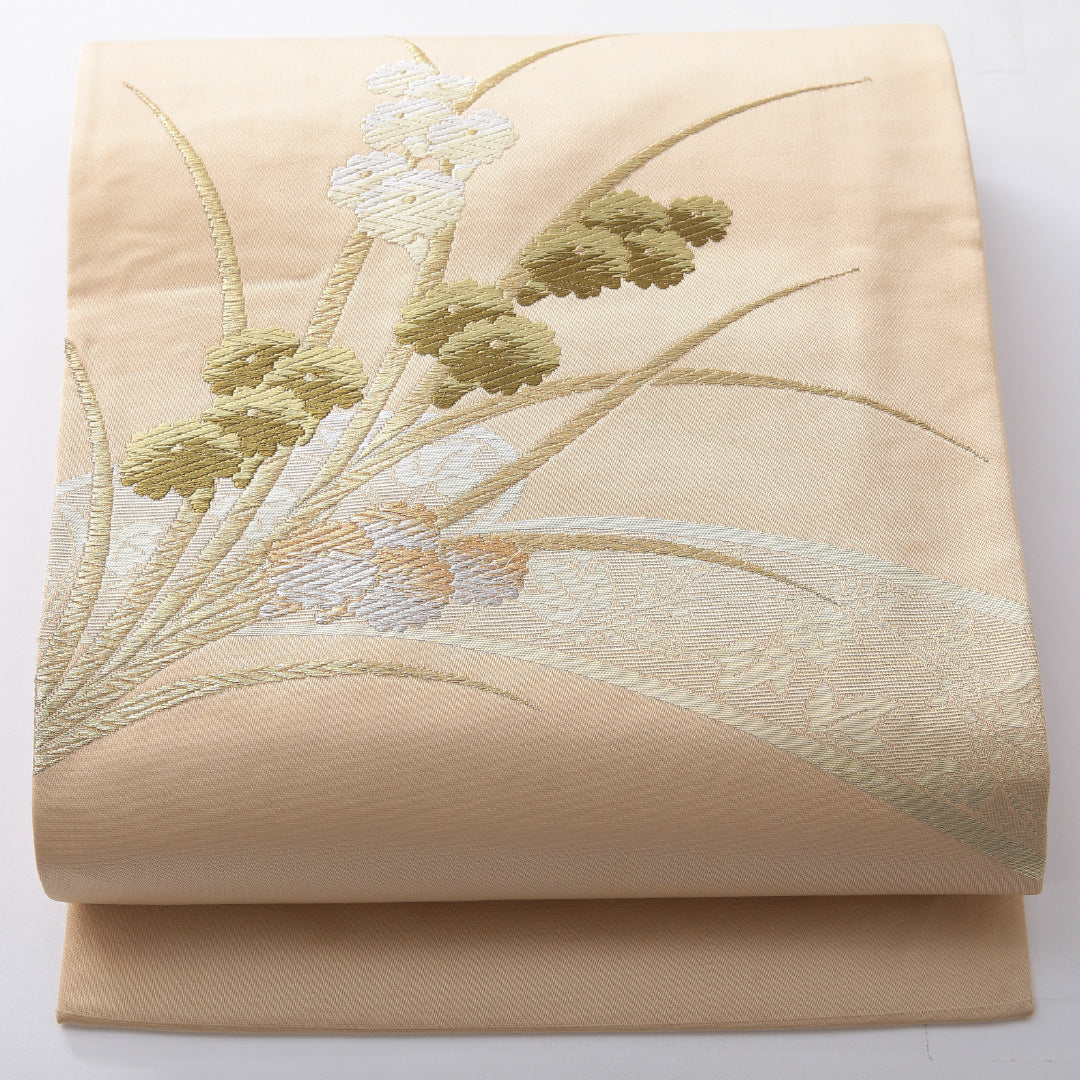 九寸名古屋帯 帯丈341cm セミフォーマル 名古屋仕立て ポイント柄 Aランク 正絹 花柄 ベージュ系 1224-03933