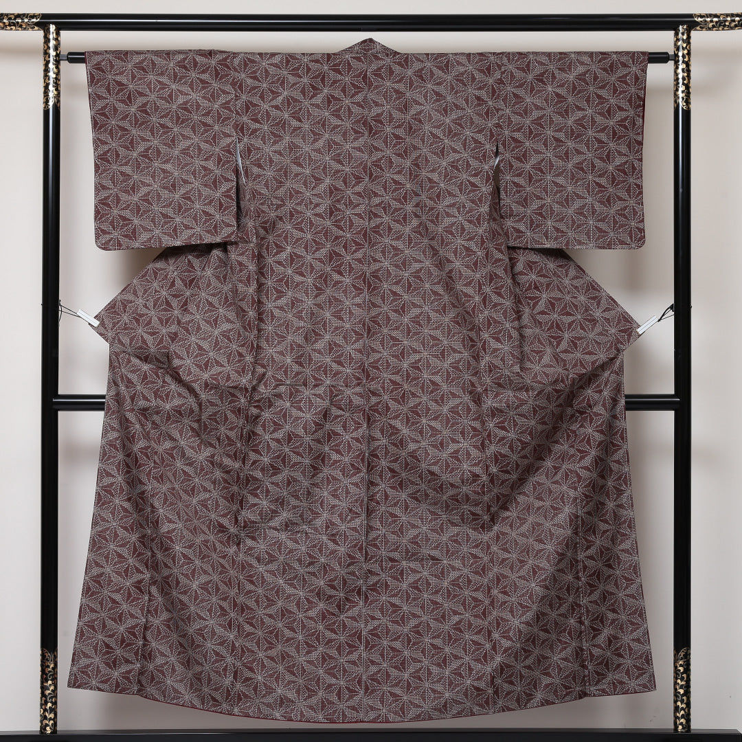 紬 袷 身丈152cm 裄63cm 正絹 赤系 Sランク 麻の葉 1216-00596-2212 1216-00596