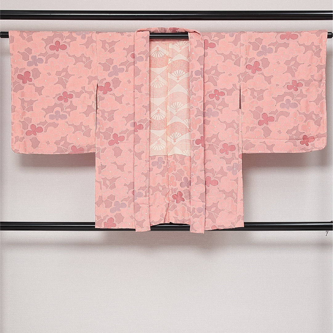 未使用品 羽織 袷 身丈74cm 裄丈67cm 正絹 Nランク 紋意匠 (花柄) カジュアル Mサイズ 織り出し しつけ糸 ピンク系 RP 1232-13769