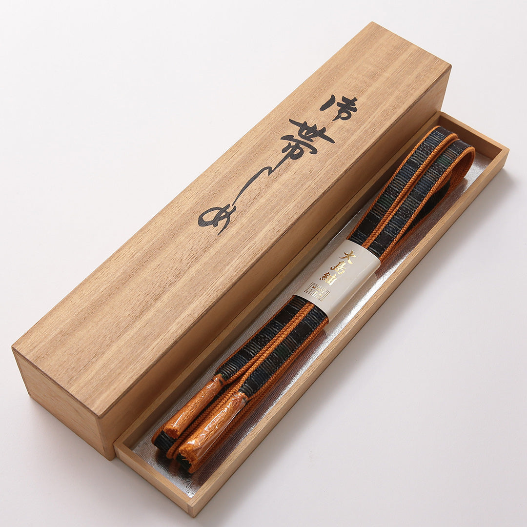 新古品 帯締め 正絹 Nランク 平組紐 大島紬 紺系 朱系 共箱 D 1236-01485
