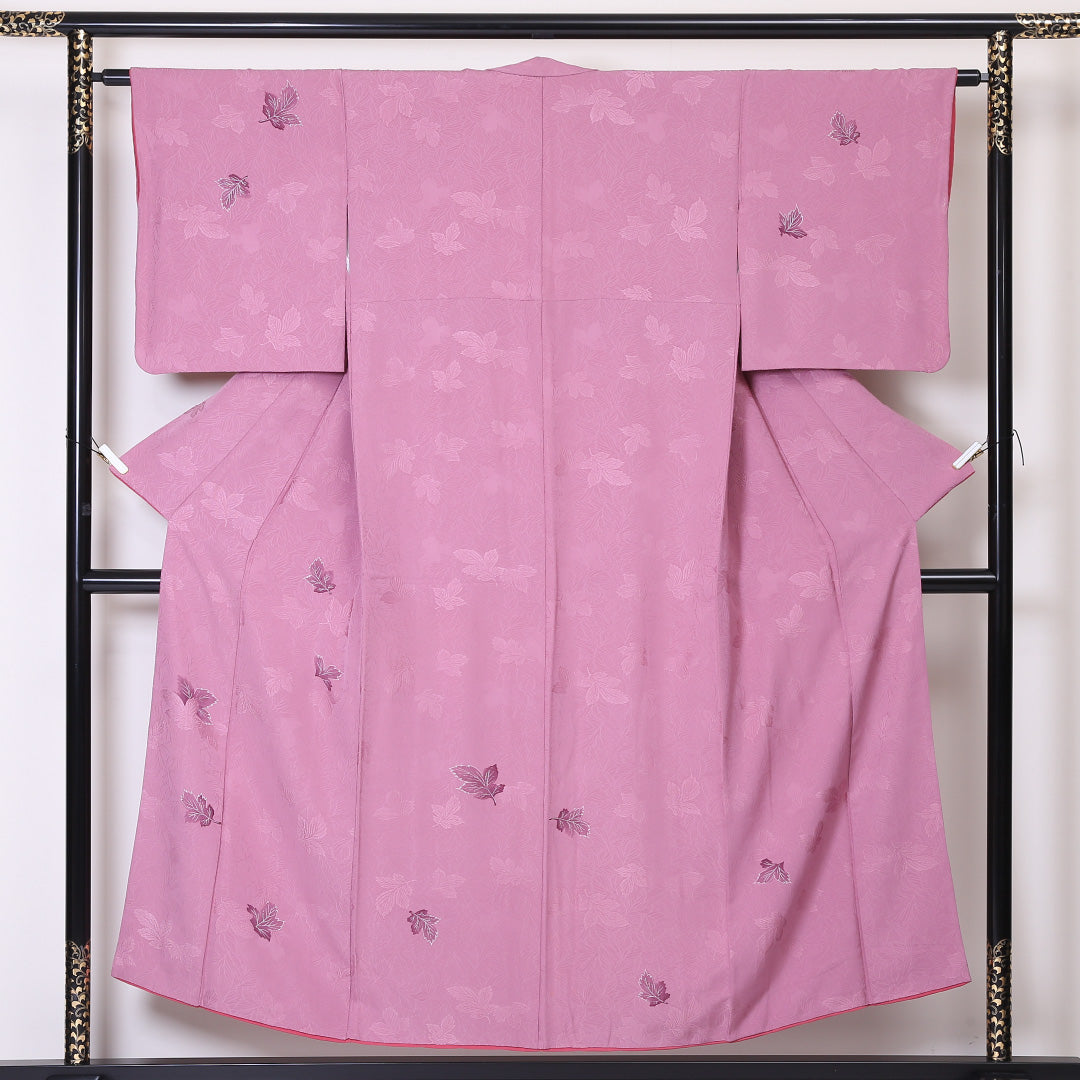 小紋 袷 身丈149cm 裄62cm ピンク系 葉模様 付下げ 正絹 Aランク 1215-01955-3113