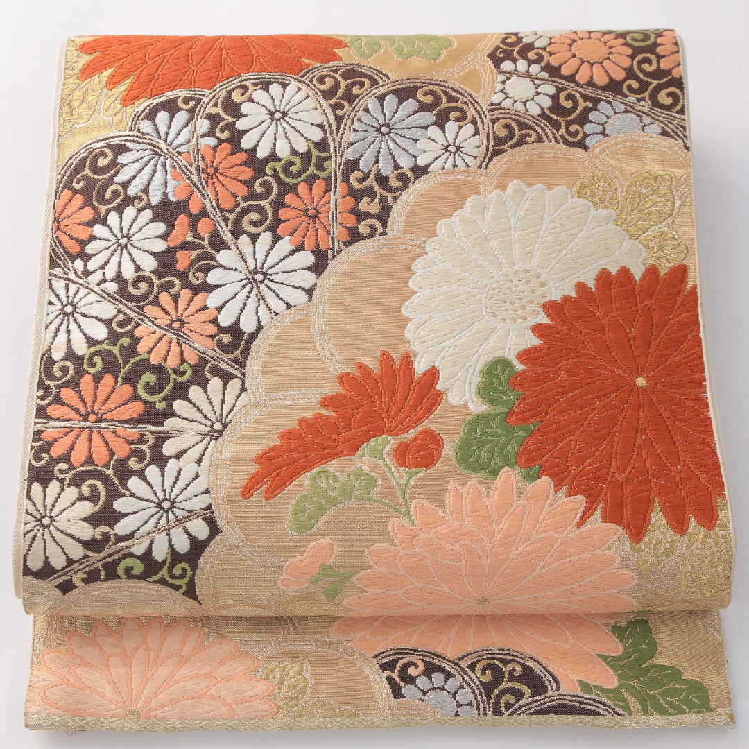 アンティーク 袋帯 帯丈404cm 六通 Cランク 正絹 吉祥文様 菊 多色系 1223-01454