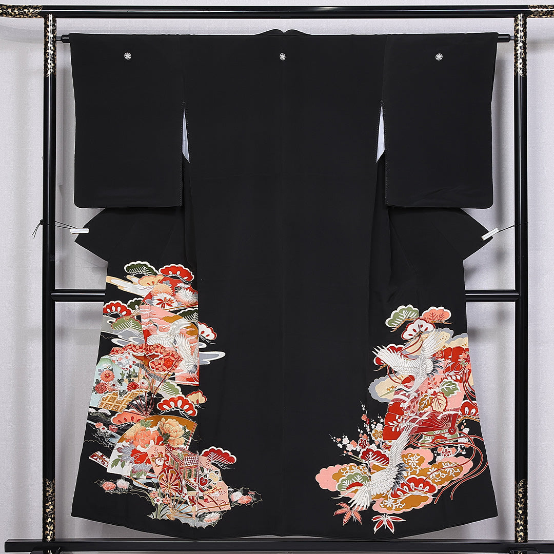 黒留袖 五つ紋 丸に橘 身丈151cm 裄丈63cm Sランク ポリエステル 洗える着物 袷 広衿 S 鶴 吉祥文様 松 鶴 笠松 吉祥文様 フォーマル 黒系 1211-F0304