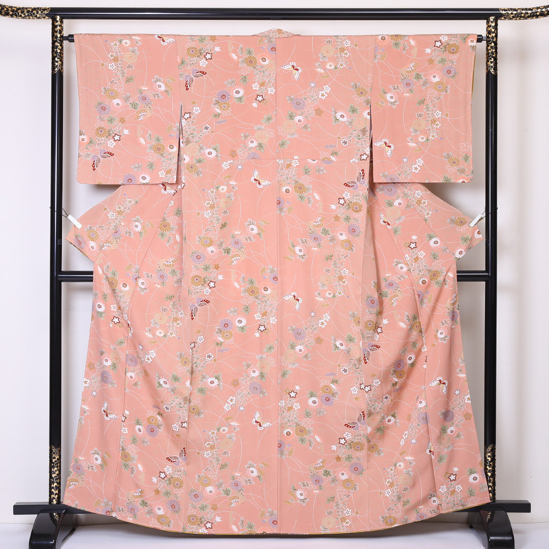 小紋 袷 身丈161cm 裄64cm ピンク系 菊 桔梗や蝶 金彩 正絹 Aランク 1215-01948-3413