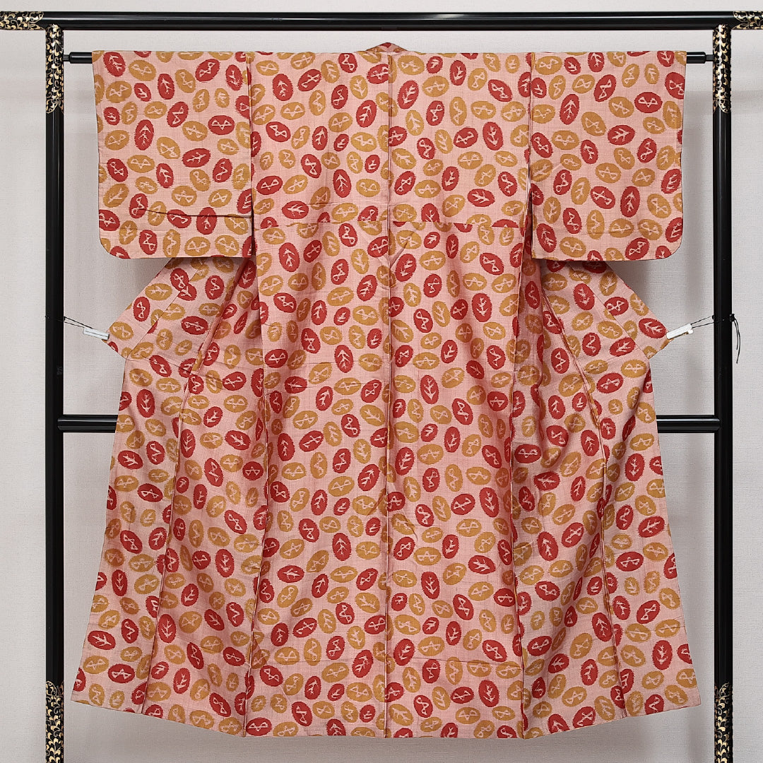 着物フィ】美品 銘仙 アンティーク 絣 小紋 赤色 身丈156cm 薔薇