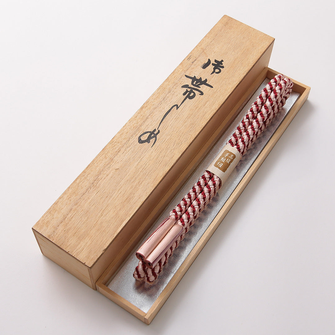 未使用品 帯締め 正絹 Sランク 丸組紐 四つ組 赤系 白系 共箱 D 1236-01487