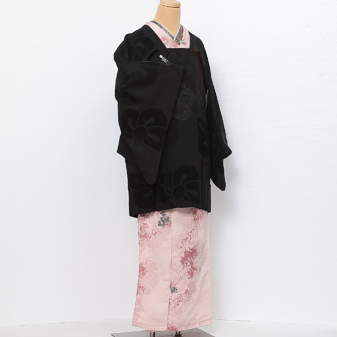 道行コート 袷 身丈90cm 裄丈63cm 正絹 Aランク カジュアル Sサイズ ポケットあり 梅 黒系 HP 1237-13813