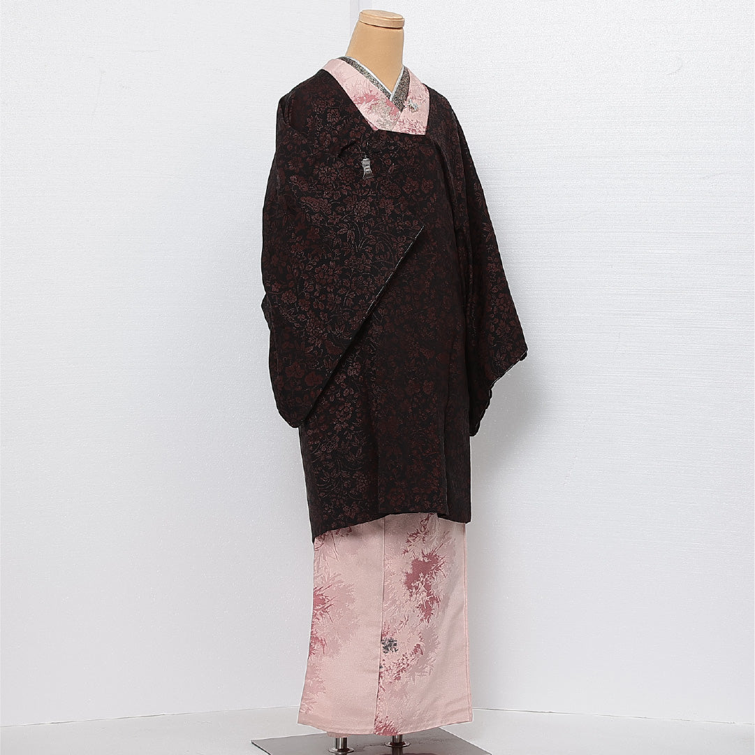 道行コート 袷 身丈95cm 裄丈65cm 正絹 Aランク セミフォーマル Mサイズ 織り出し ポケットあり しつけ糸 花柄 黒系 HP 1237-13757