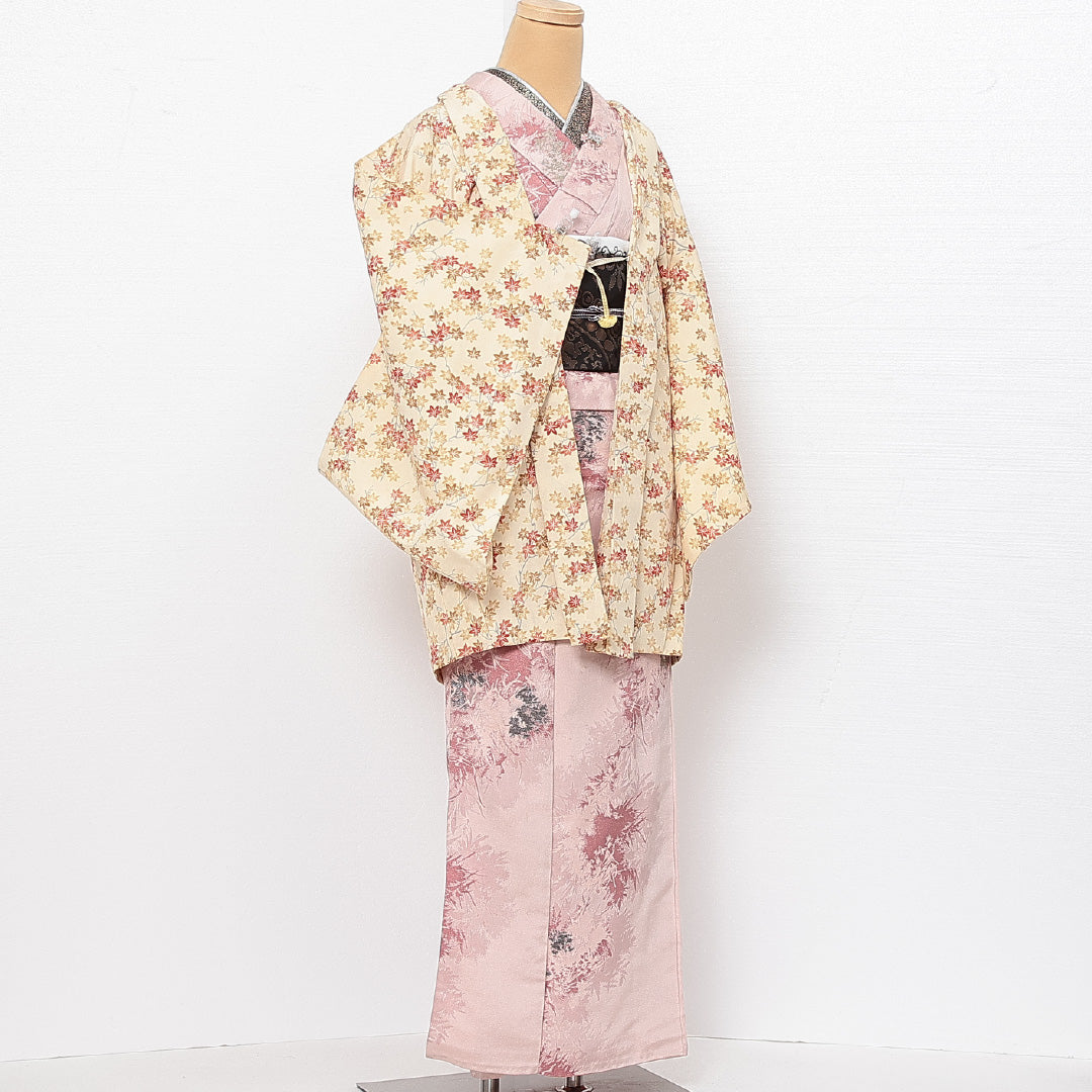 羽織 袷 身丈78cm 裄丈67cm 正絹 Sランク カジュアル Mサイズ 紐あり 紅葉 クリーム系 RP 1232-13730