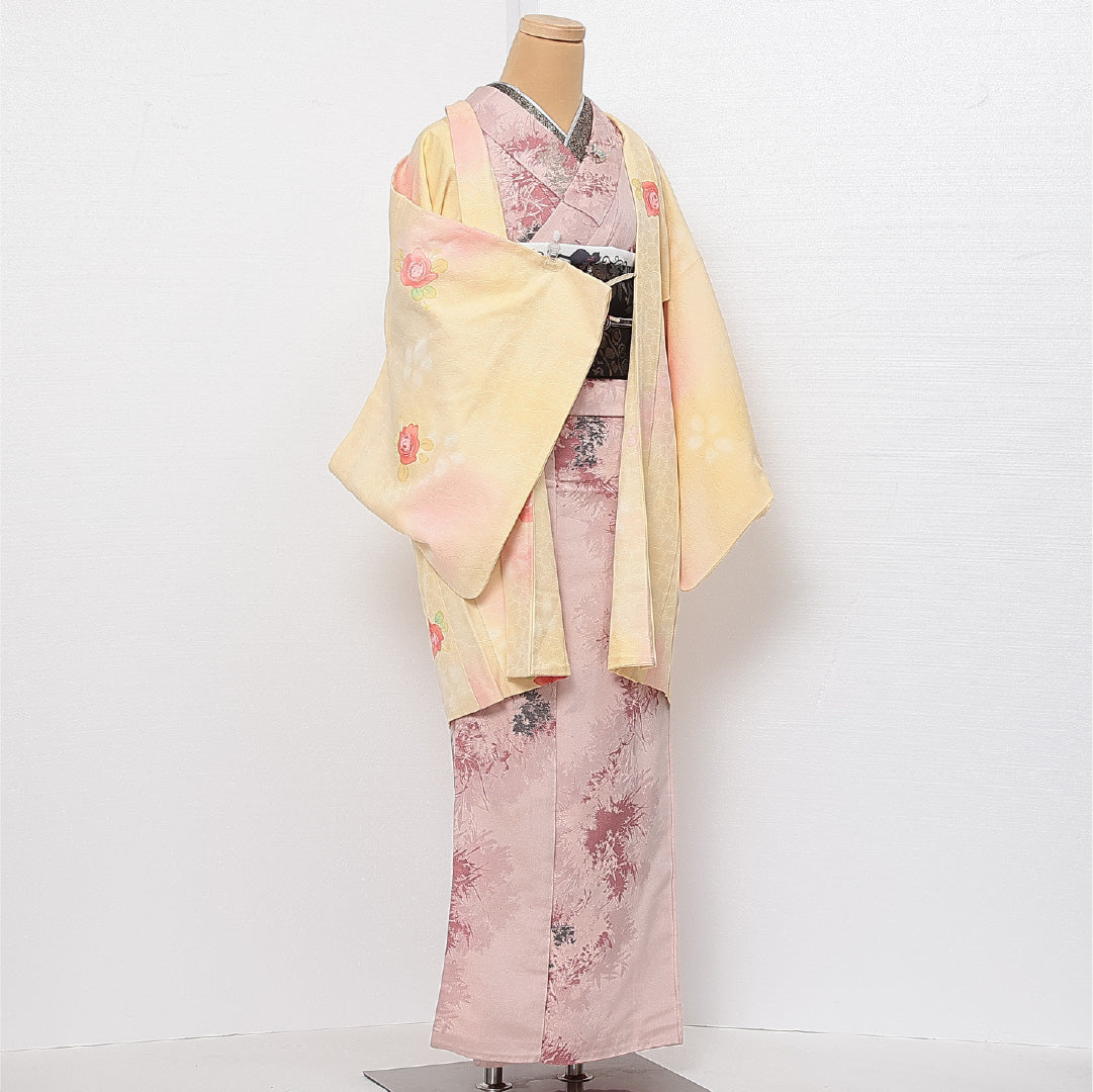 洗える着物 道行コート 袷 身丈86cm 裄丈65cm ポリエステル Sランク セミフォーマル Mサイズ 薔薇 クリーム系 RP 1237-13748