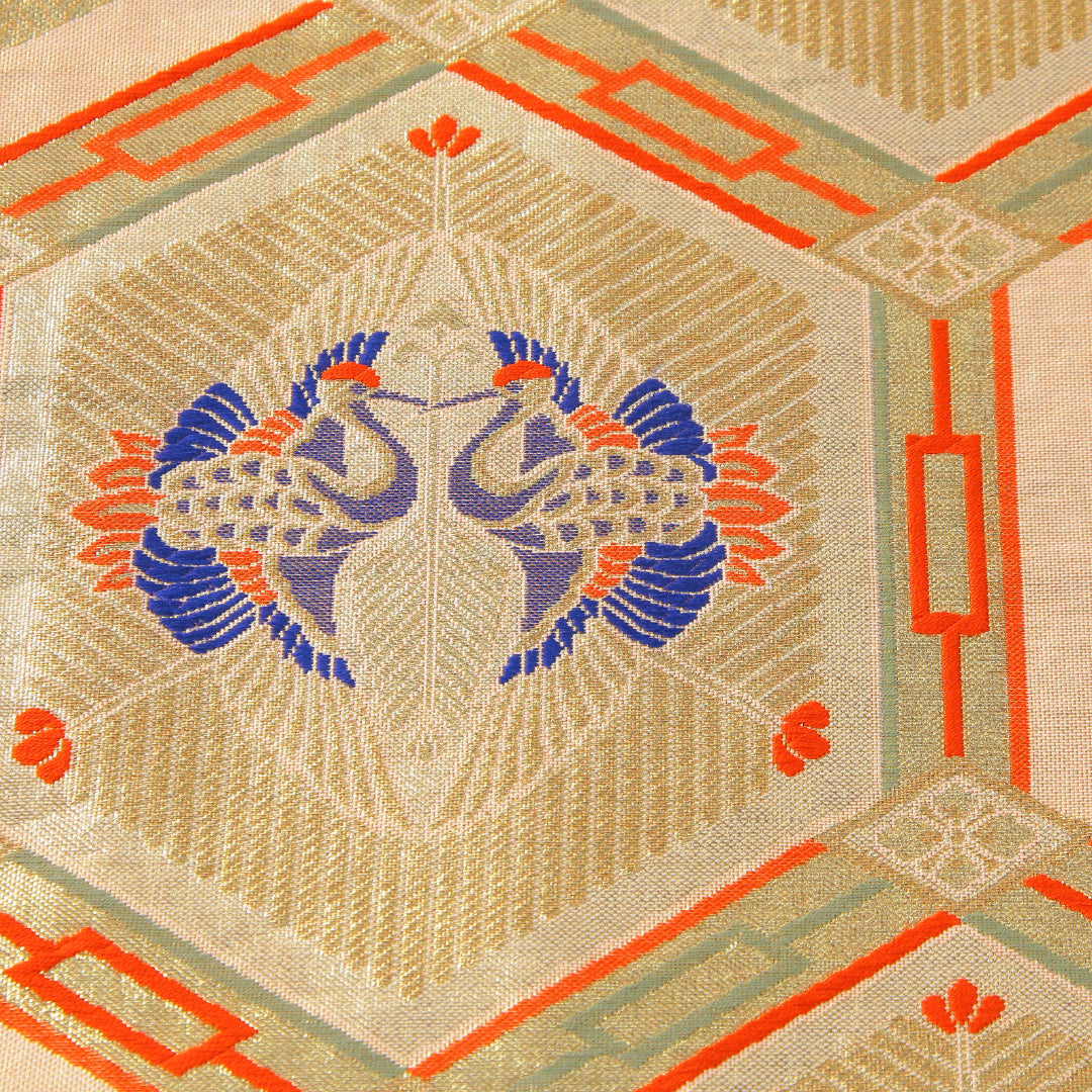 袋帯 帯丈442cm フォーマル 六通 Aランク 正絹 向かい鳥 鶴 金系 1223-02299