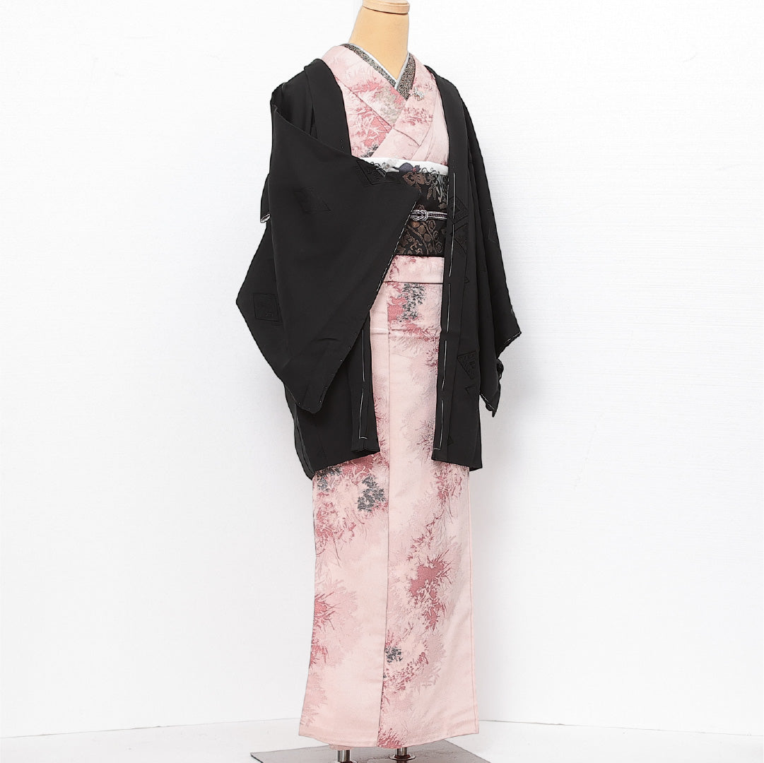 未使用品 黒羽織 袷 身丈77cm 裄丈64cm 正絹 Nランク 一つ紋 (九曜) 紋意匠 (武田菱) セミフォーマル Mサイズ しつけ糸 黒系 RP 1233-13775