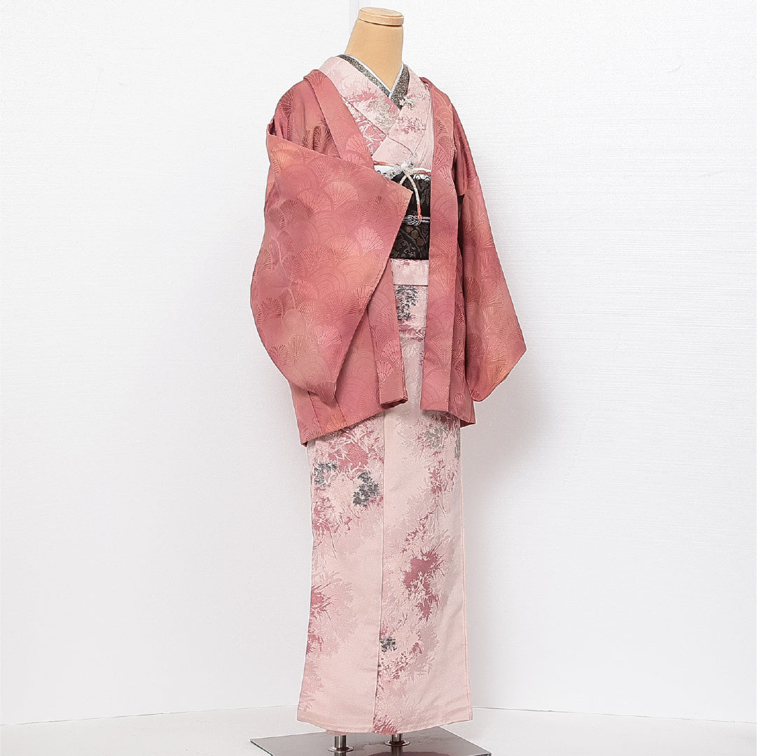 羽織 袷 身丈77cm 裄丈62cm 正絹 Sランク 紋意匠 (青海波) カジュアル Sサイズ ぼかし染 紐あり ピンク系 RP 1232-13746