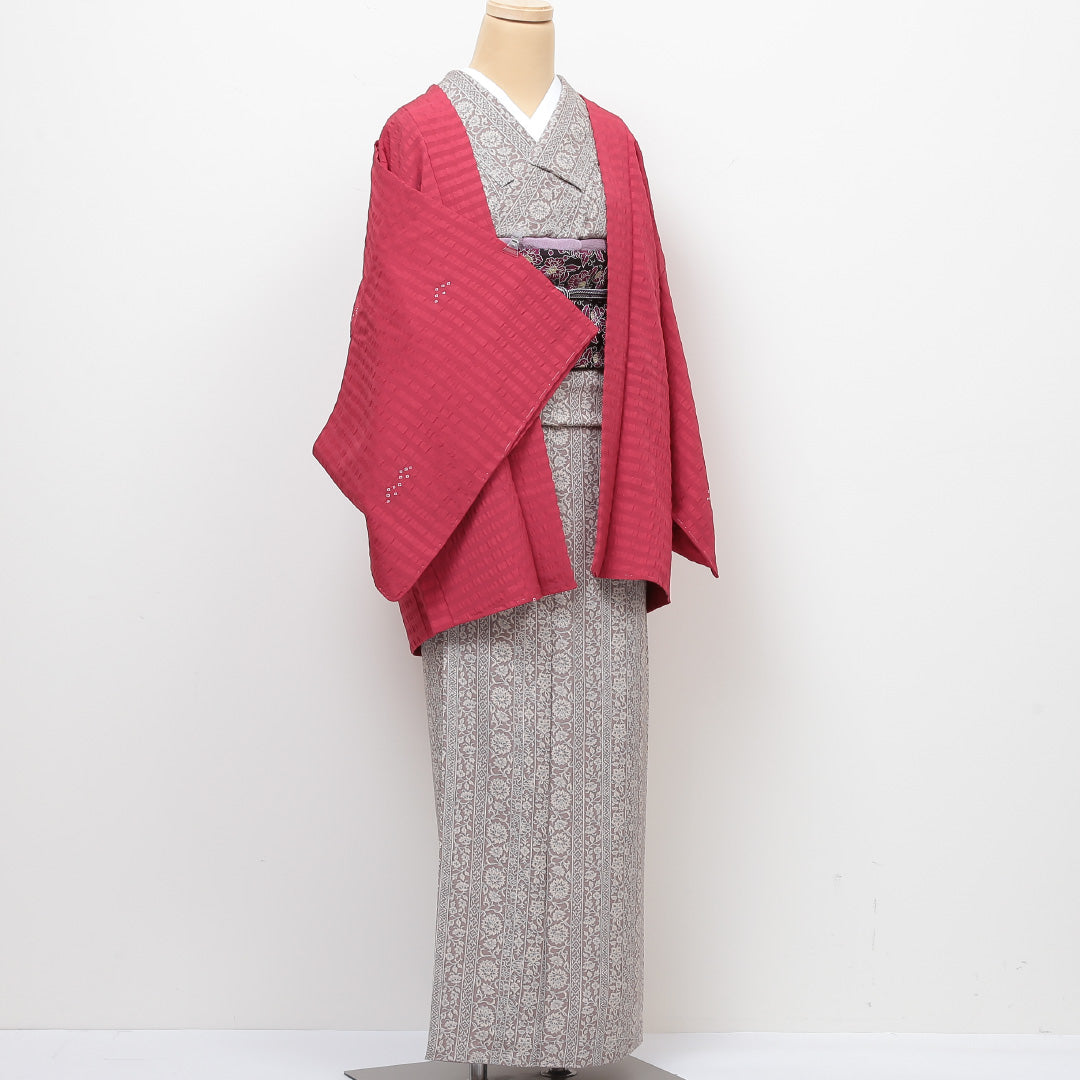 未使用品 羽織 身丈76cm 裄丈61cm S 正絹 縞 しつけ糸 赤系 Sランク 1217-00373
