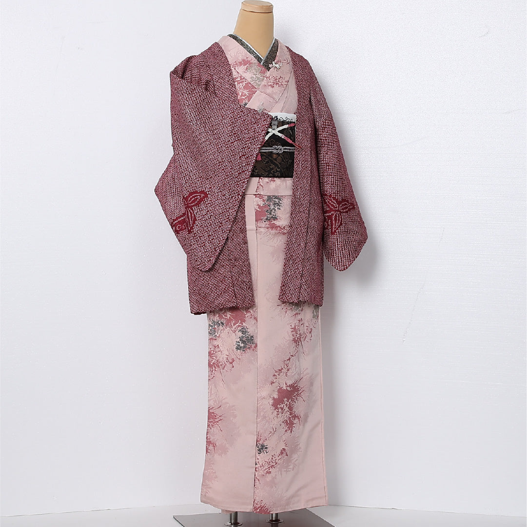 羽織 袷 身丈80cm 裄丈64cm 正絹 Sランク カジュアル Mサイズ 紐あり 植物柄 ピンク系 RP 1232-12807