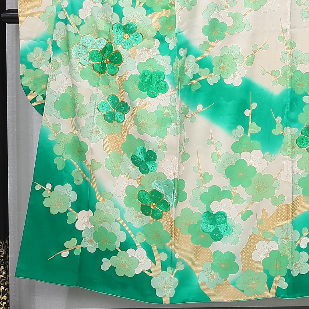 振袖 身丈149cm 裄丈65cm Cランク 正絹 袷 広衿 XS 金駒刺繍 梅 フォーマル 独創的 爽やか クリーム系 緑系 1213-F0464