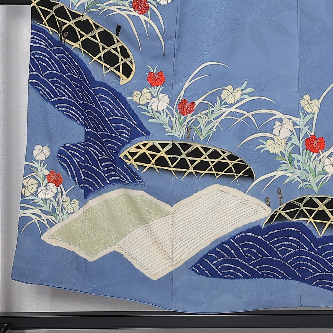 アンティーク 訪問着 袷 身丈152cm 裄丈64cm 正絹 Aランク 一つ紋 (橘) バチ衿 Sサイズ 金箔 刺繍 青海波 撫子 青系 M4 1217-12508