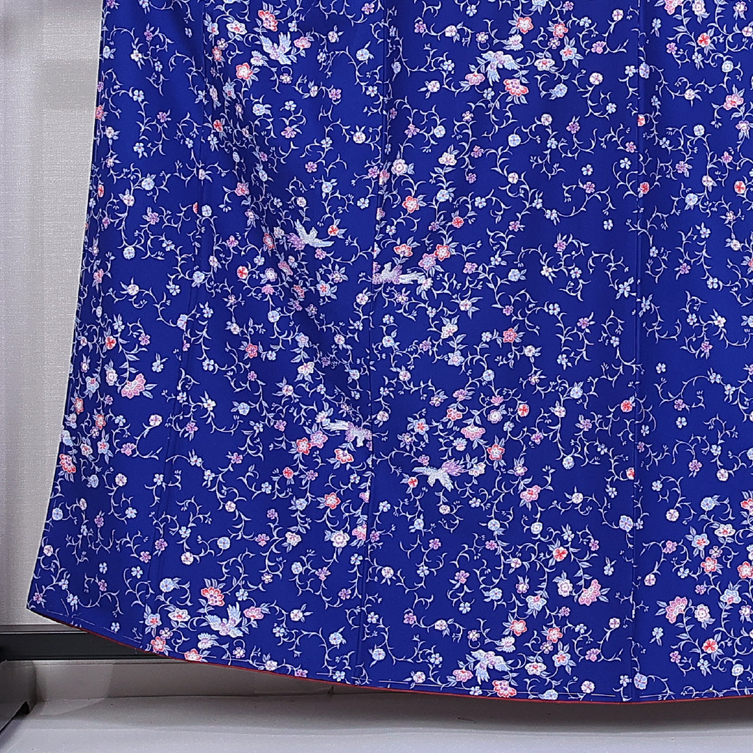 小紋 身丈160cm 裄丈64.5cm L ポリエステル Sランク 袷 洗える着物 広衿 唐草 桜 1215-10820