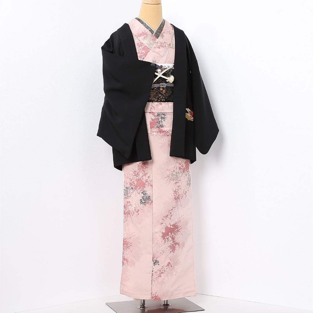 黒羽織 袷 身丈73cm 裄丈62cm 正絹 Aランク インフォーマル Sサイズ 紐あり 蝶 橘 吉祥文様 黒系 RP 1233-12731