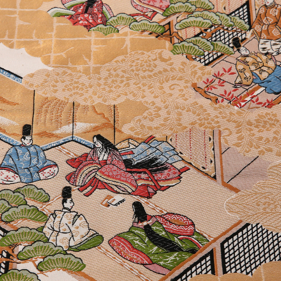袋帯 帯丈432cm 正絹 六通 フォーマル 源氏物語 平安絵巻 ベージュ系 金系 1243-01636