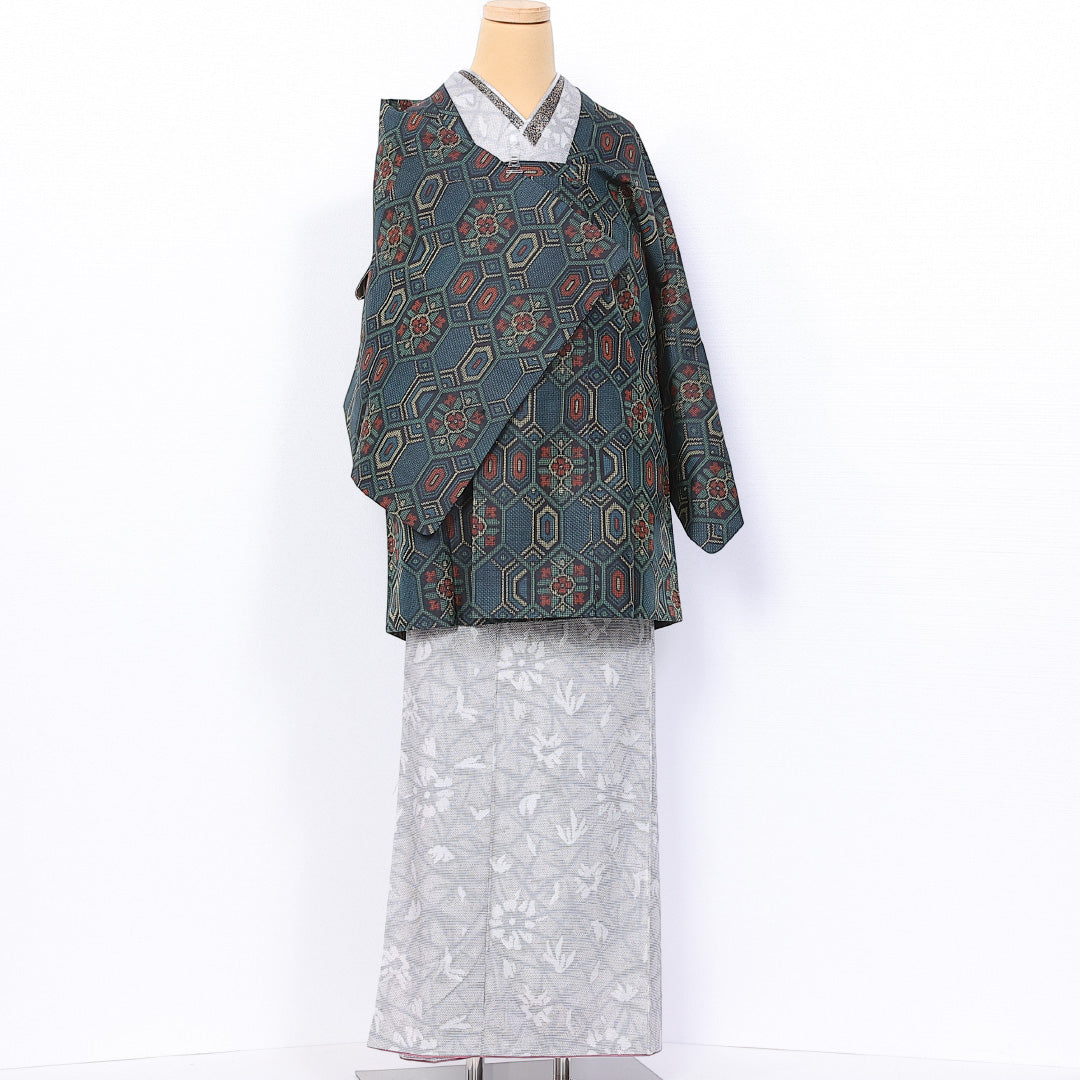 道行コート 身丈82cm 裄丈64cm M 正絹 Sランク 袷 紬 亀甲 1263-10774