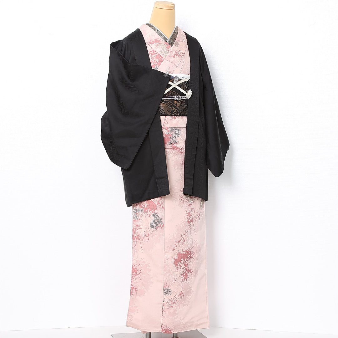 黒羽織 袷 身丈80cm 裄丈63cm 正絹 Sランク 一つ紋 (五三桐) セミフォーマル Sサイズ 紐あり 創作柄 黒系 RP 1233-12747