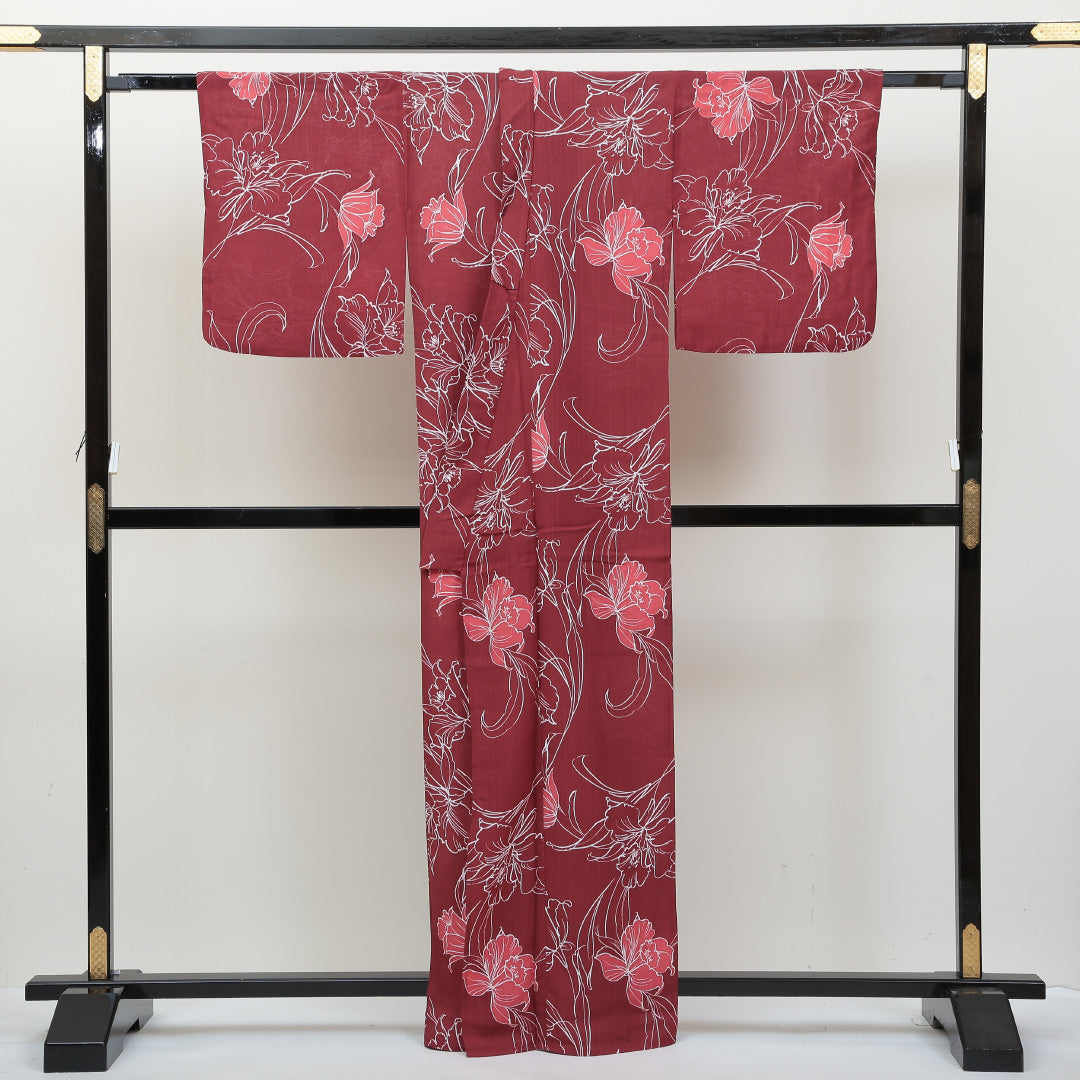 新品 浴衣 身丈163cm 裄丈67cm ポリエステル 洗える着物 カルキュロ 吸汗速乾 牡丹 Nランク 1218-00039