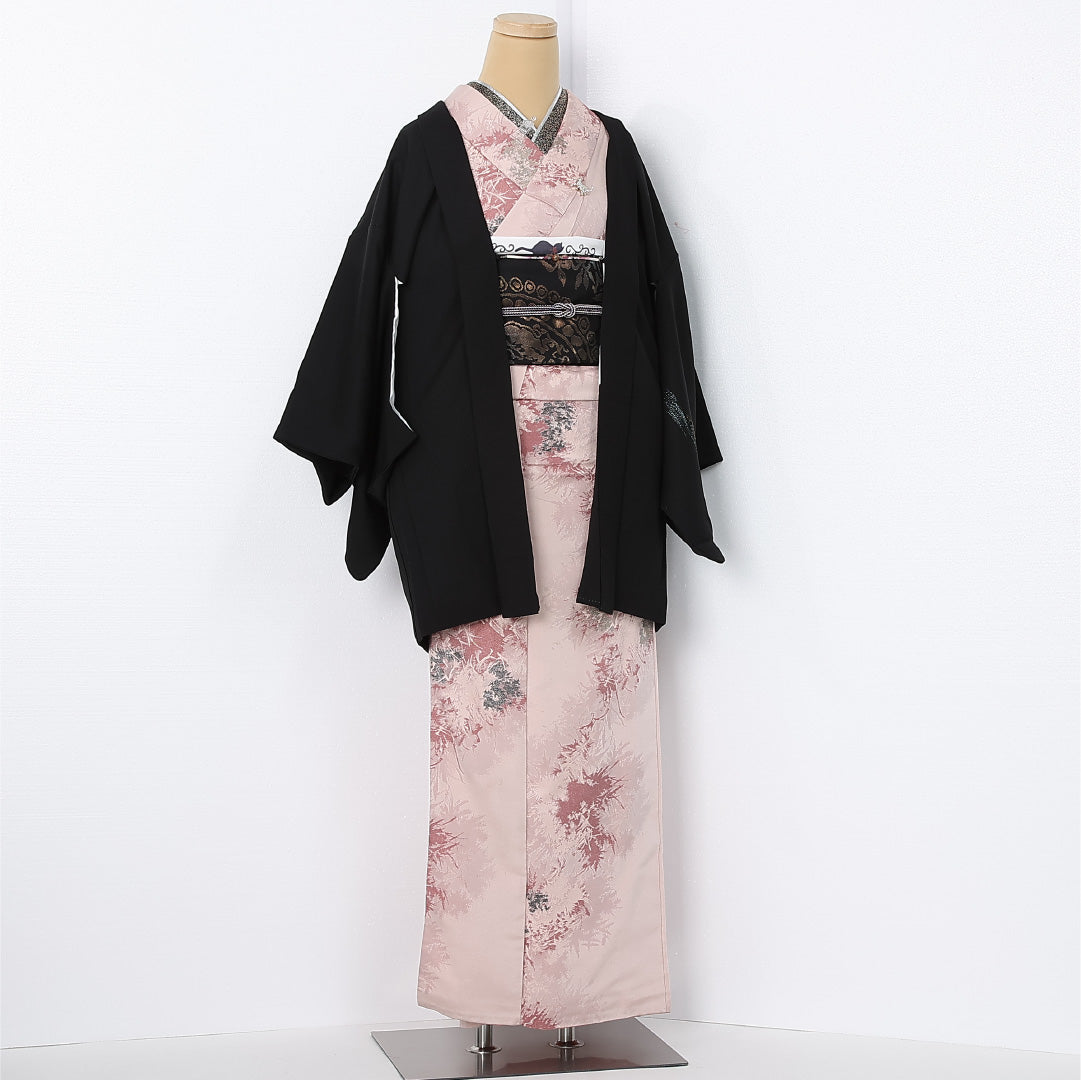 洗える着物 黒羽織 袷 身丈81cm 裄丈64cm ポリエステル Sランク 一つ紋 (五三桐) セミフォーマル Mサイズ 織り出し 漆糸 紐あり 檜垣 黒系 RP 1233-12537