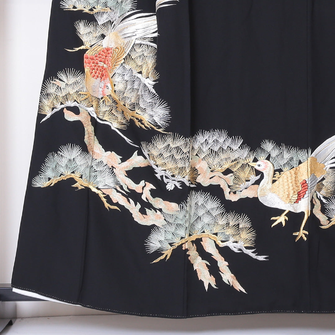 黒留袖 身丈158cm 裄丈63cm 袷 五つ紋 正絹 Aランク 広衿 比翼仕立て 橘菱 松 鴛鴦 1211-F0206