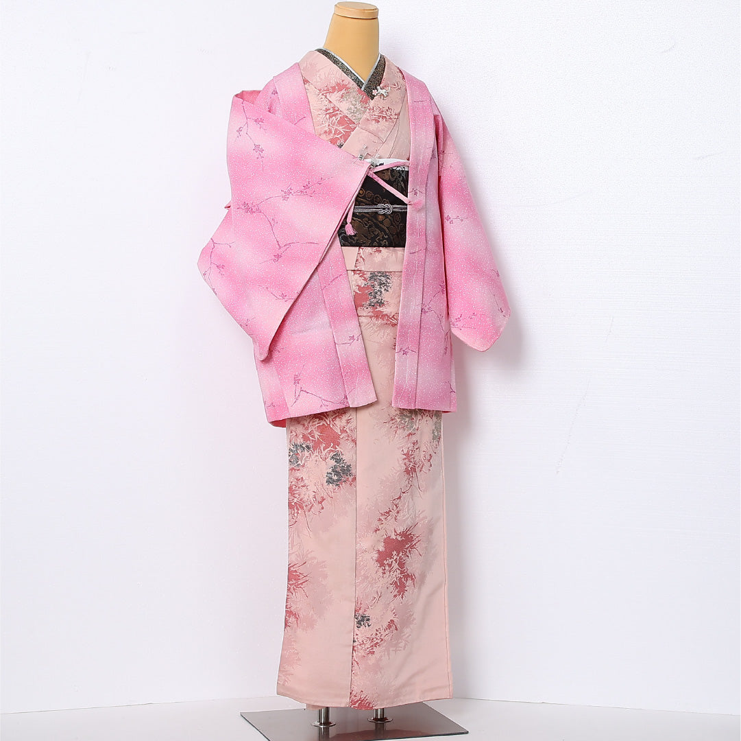 羽織 袷 身丈81cm 裄丈64cm 正絹 Cランク カジュアル Mサイズ ぼかし染 紐あり 花柄 ピンク系 HP 1232-12823