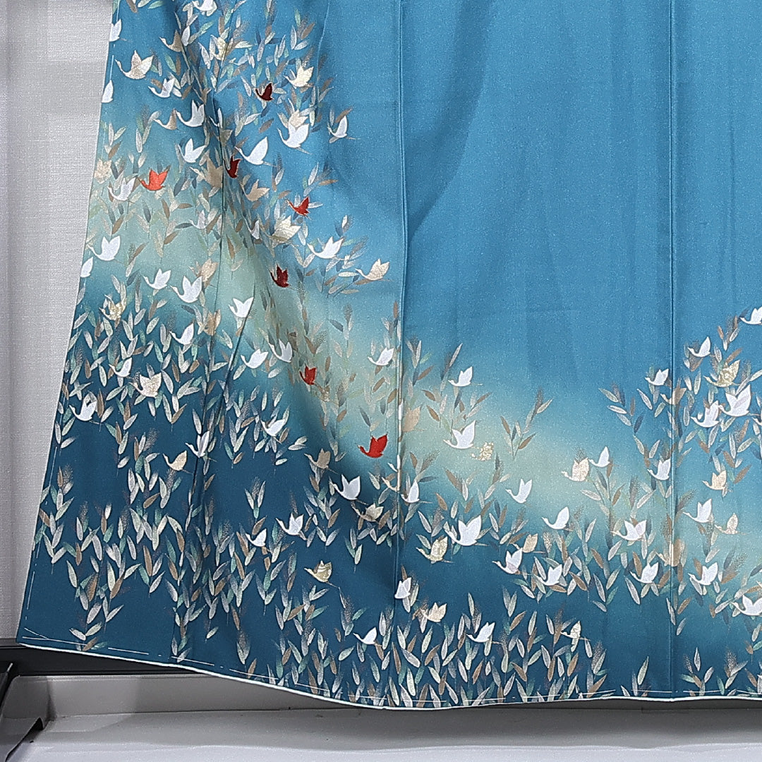 訪問着 袷 身丈153cm 裄丈62cm 正絹 Sランク セミフォーマル 広衿 Sサイズ ぼかし 金箔 刺繍 鶴 華やか 存在感 水色系 RP 1217-11200