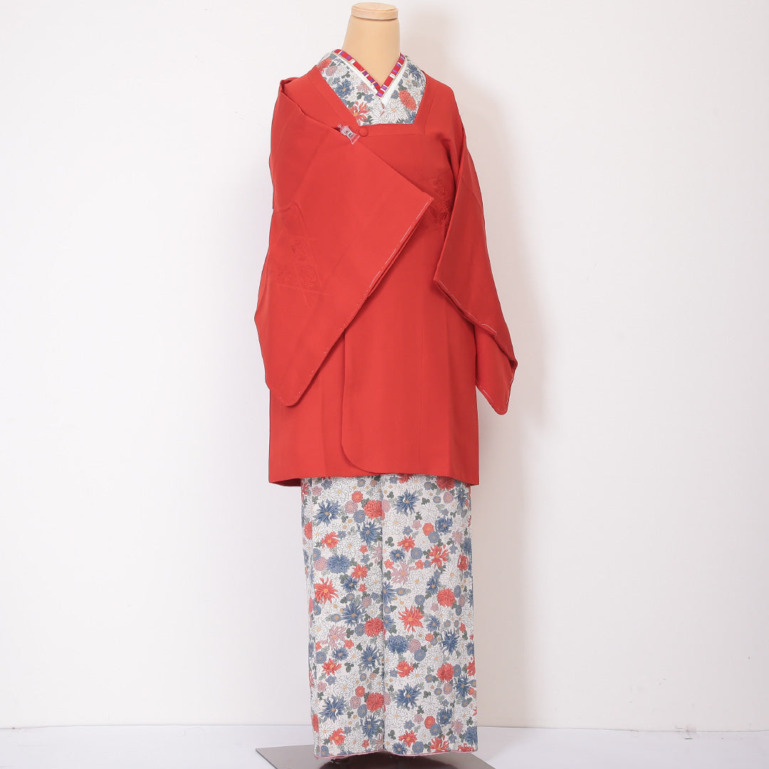 道行コート 袷 身丈89cm 裄64.5cm 正絹 Sランク 菱形 朱系 1217-00457
