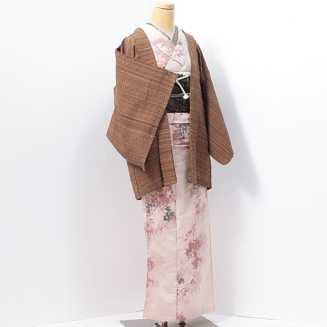 羽織 袷 身丈78cm 裄丈61cm 正絹 Sランク カジュアル Sサイズ 紐あり 幾何学柄 茶系 RP 1232-14658