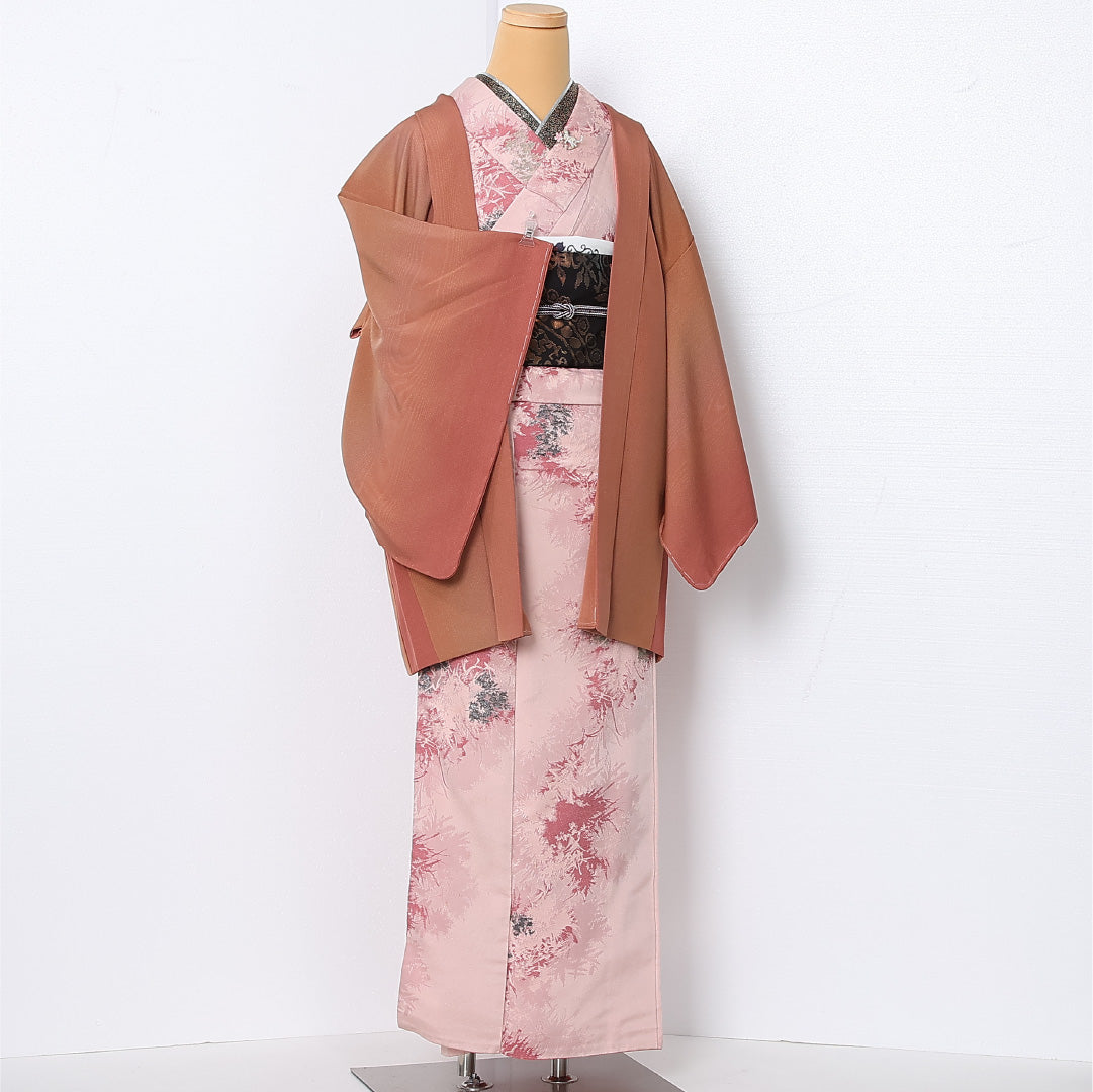 羽織 袷 身丈79cm 裄丈64cm 正絹 Sランク カジュアル Mサイズ 木目 ピンク系 RP 1232-12946