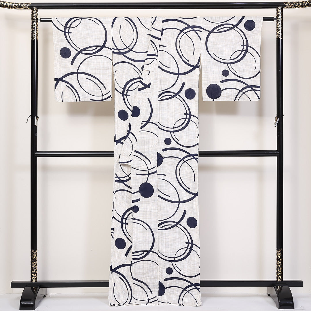 新品 綿麻 浴衣 身丈163cm 裄丈67cm 洗える着物 幾何学 白系 Nランク 1218-00084