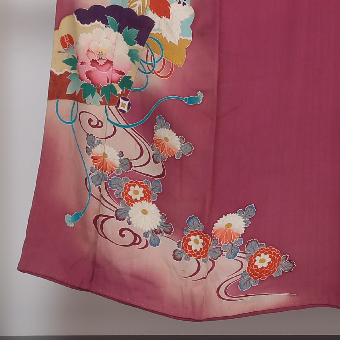 色留袖 袷 身丈148cm 裄63.5cm Cランク 正絹 広衿 アンティーク 赤系 1211-00082 1211000825112